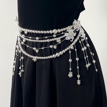 Virágos gyöngyös testlánc tollakkal – többsoros dizájn, kevert anyagok, felületkezelés: elektroplatizálás, kristályok koreai stílusban, nőies stílus