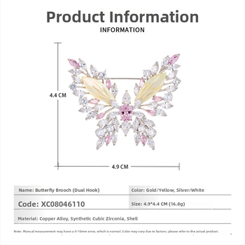 Broșă cu fluture tridimensional, aliaj de cupru, insertie zirconiu, sidef natural, finisaj electrogalvanic, accesorii feminine