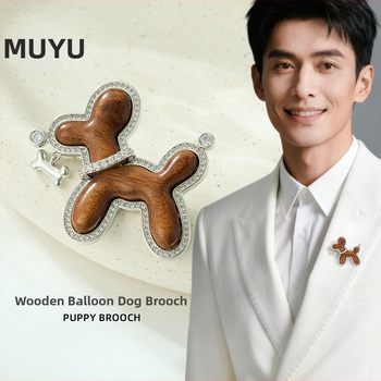 Broșă – cățeluș din lemn, design original, bază din aliaj de cupru cu zirconiu încrustat, placare electrochimică, pentru decor și cadou