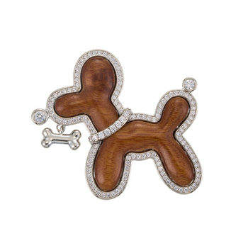 Broșă – cățeluș din lemn, design original, bază din aliaj de cupru cu zirconiu încrustat, placare electrochimică, pentru decor și cadou