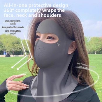 Teljes arcú nyakba integrált napvédő maszk, jégselyem anyagból, poliészter keverék, 2025 tavasza, lélegző