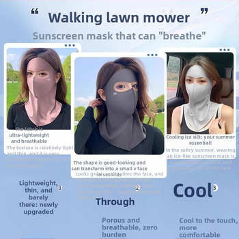 Teljes arcú nyakba integrált napvédő maszk, jégselyem anyagból, poliészter keverék, 2025 tavasza, lélegző