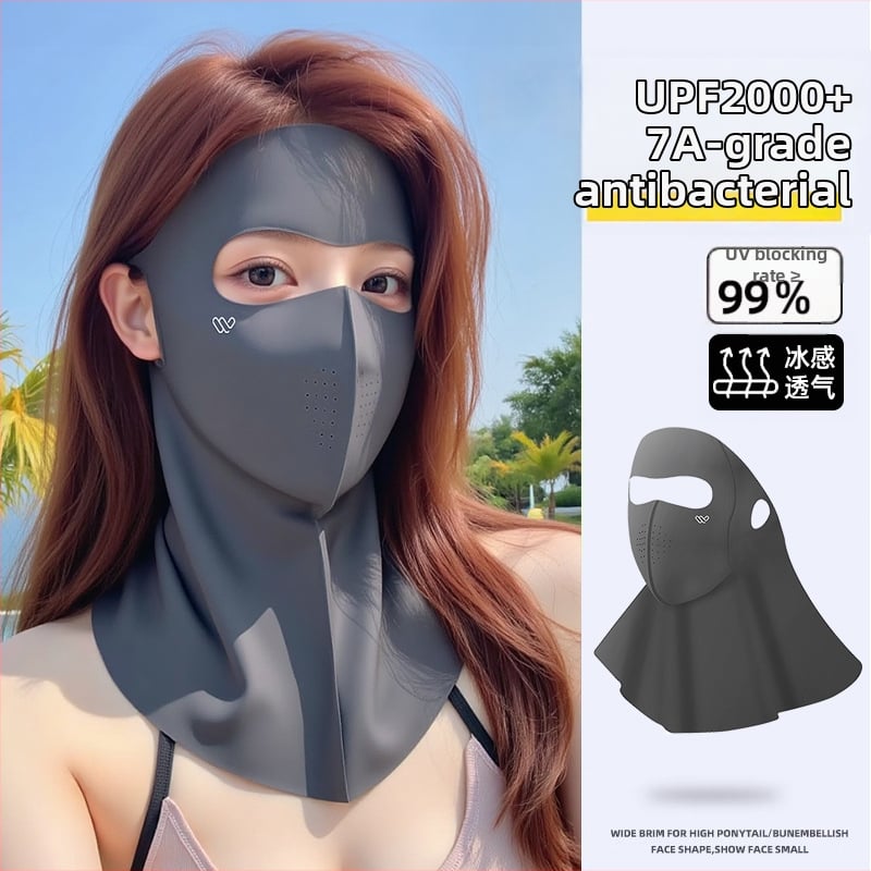 Teljes arcú nyakba integrált napvédő maszk, jégselyem anyagból, poliészter keverék, 2025 tavasza, lélegző