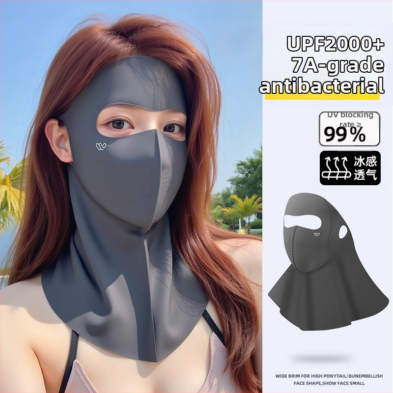 Teljes arcú nyakba integrált napvédő maszk, jégselyem anyagból, poliészter keverék, 2025 tavasza, lélegző