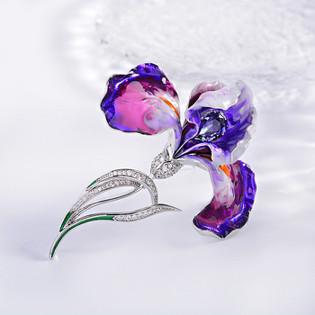 Iris kitűző, réz alapú cirkóniás betétekkel, virág alak, elegáns női stílus, elektroplatált