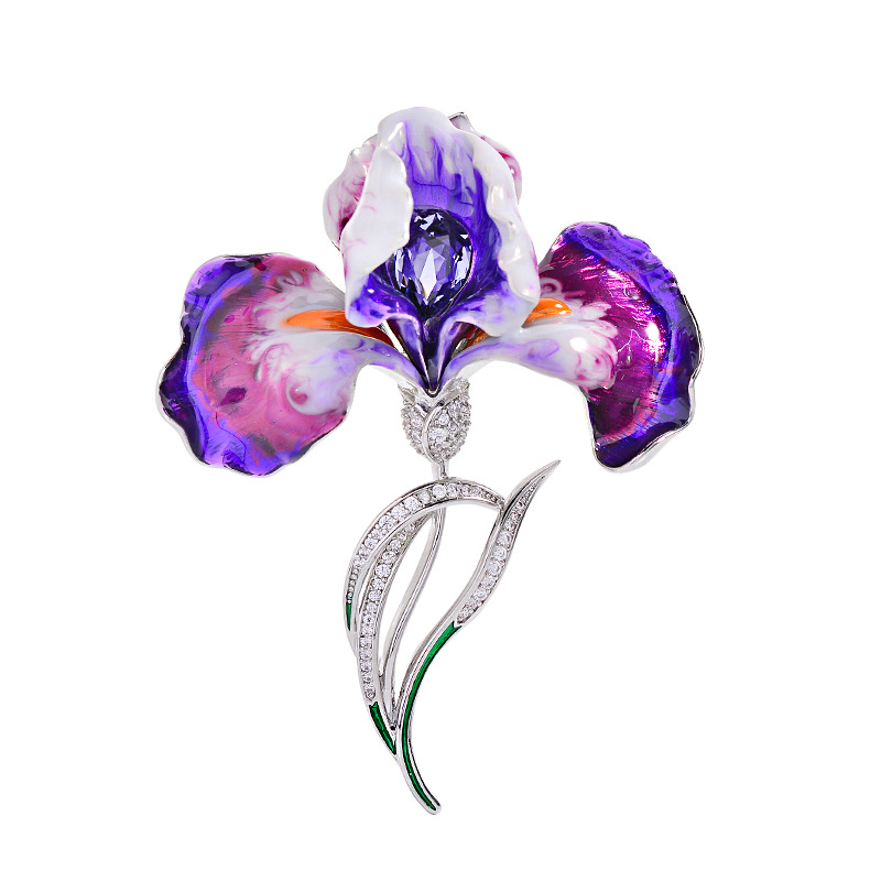 Iris kitűző, réz alapú cirkóniás betétekkel, virág alak, elegáns női stílus, elektroplatált