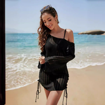 Női strandfelső horgolt, áttört mintázatú — hosszú ujjú, napvédő, szűk szabású (hosszúság 50–65 cm, UPF50+)