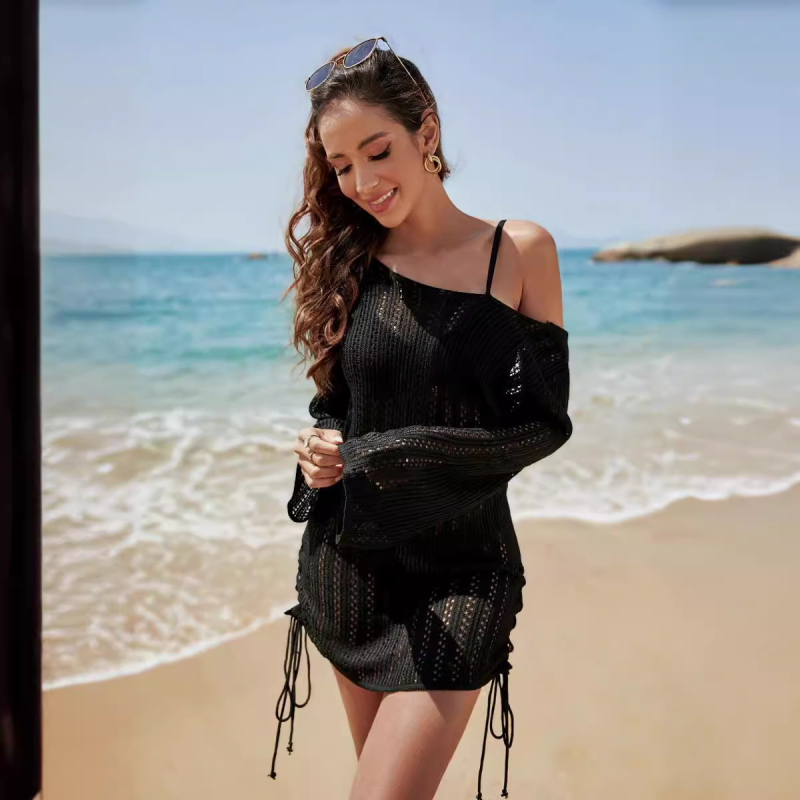 Női strandfelső horgolt, áttört mintázatú — hosszú ujjú, napvédő, szűk szabású (hosszúság 50–65 cm, UPF50+)