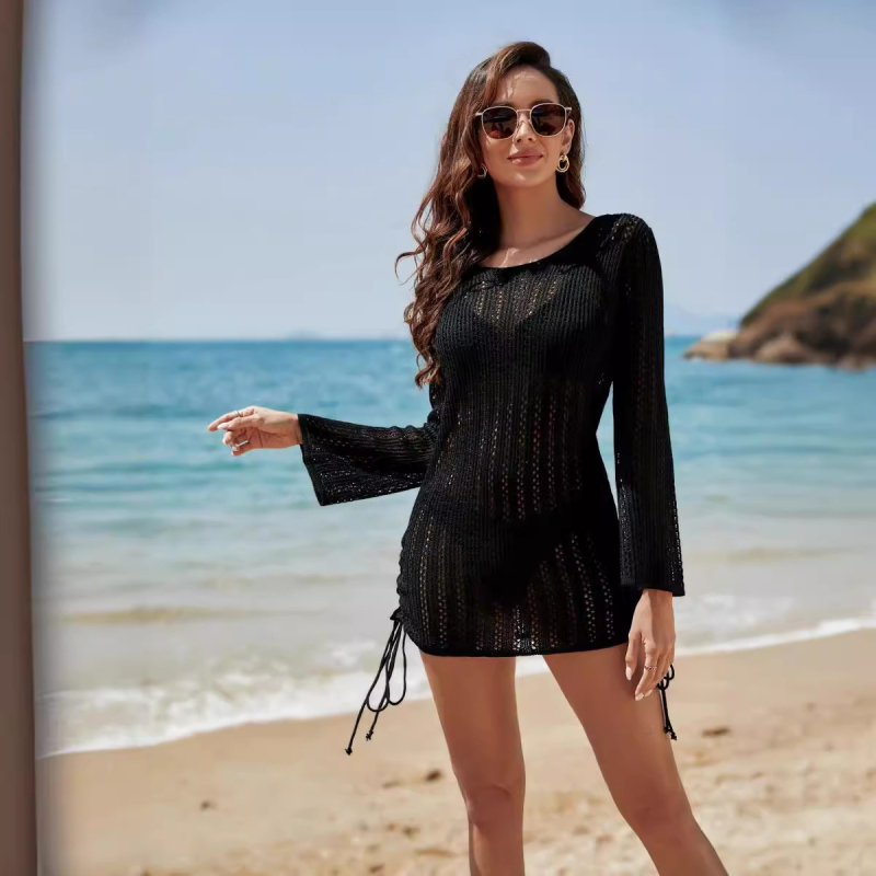 Női strandfelső horgolt, áttört mintázatú — hosszú ujjú, napvédő, szűk szabású (hosszúság 50–65 cm, UPF50+)