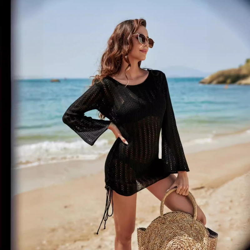 Női strandfelső horgolt, áttört mintázatú — hosszú ujjú, napvédő, szűk szabású (hosszúság 50–65 cm, UPF50+)