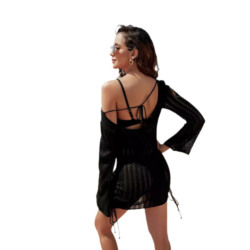 Női strandfelső horgolt, áttört mintázatú — hosszú ujjú, napvédő, szűk szabású (hosszúság 50–65 cm, UPF50+)