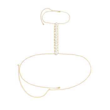 Kūno grandinė su kutais ir dirbtinėmis perlomis – paplūdimio stilius, bikini krūtinės grandinė, plastikas su elektro platingu, paprastas moteriškas stilius, geometrinis dizainas