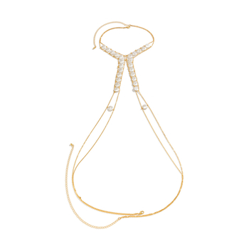 Kūno grandinė su kutais ir dirbtinėmis perlomis – paplūdimio stilius, bikini krūtinės grandinė, plastikas su elektro platingu, paprastas moteriškas stilius, geometrinis dizainas