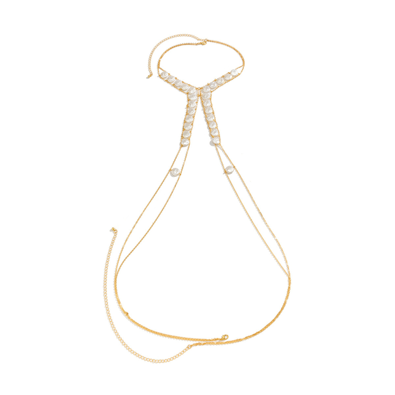 Kūno grandinė su kutais ir dirbtinėmis perlomis – paplūdimio stilius, bikini krūtinės grandinė, plastikas su elektro platingu, paprastas moteriškas stilius, geometrinis dizainas