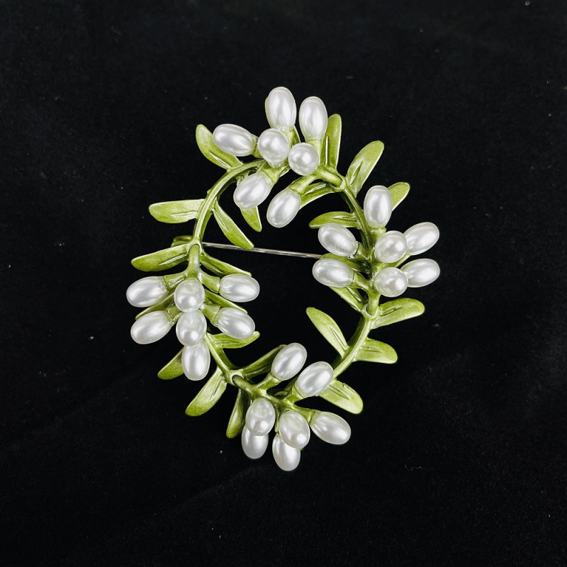 Broșă cu coroană, perlă emailată, din aliaj de zinc, design cu flori și frunze, unisex, lansare vară 2024