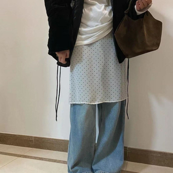 Moters sijonas iš nėrinių ir šifono, permatomas, daugiasluoksė, korėjietiškas stilius