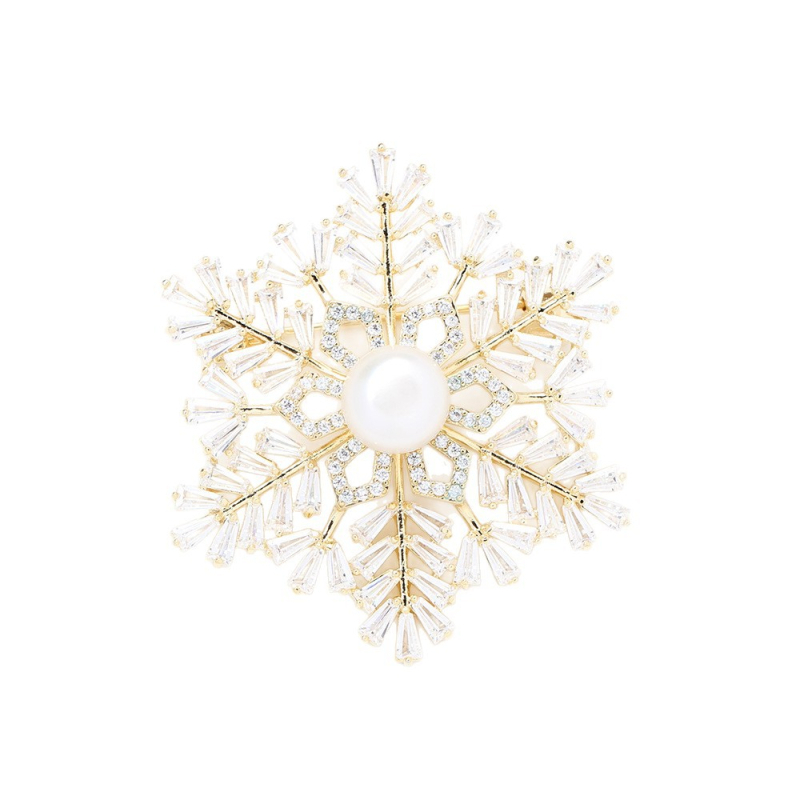 Broșă: bază din cupru placat cu aur, zircon în formă de fulg de zăpadă, formă geometrică, placare electrolitică