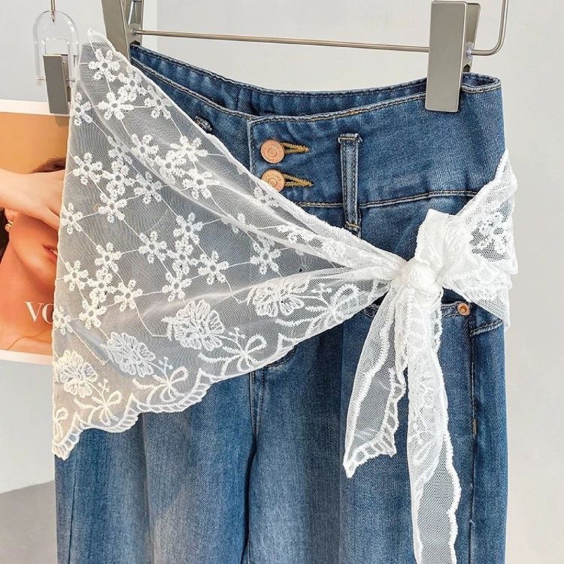 Čipkasti trokutasti šal s resama i svileni pojas za struk — jesen, osnovni/vintage stil; čipka 31–50% i 61–70% poliestera