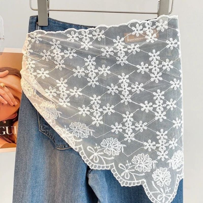 Čipkasti trokutasti šal s resama i svileni pojas za struk — jesen, osnovni/vintage stil; čipka 31–50% i 61–70% poliestera