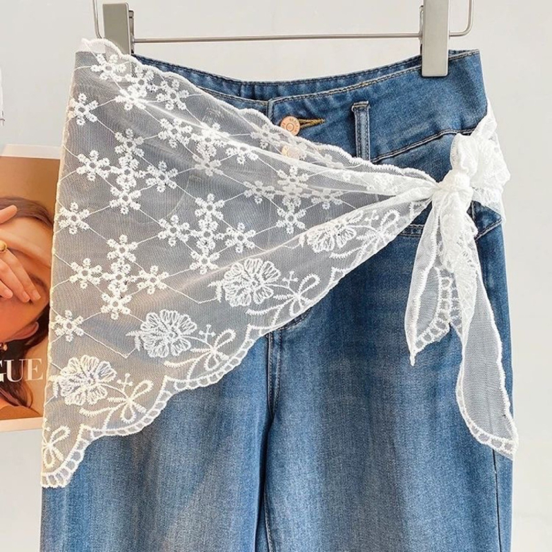 Čipkasti trokutasti šal s resama i svileni pojas za struk — jesen, osnovni/vintage stil; čipka 31–50% i 61–70% poliestera