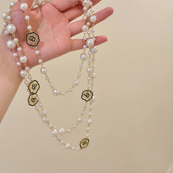 Μακρύ κολιέ για πουλόβερ με μοτίβο λουλουδιού, αλυσίδα με χάντρες, γυάλινα ένθετα και επένδυση από κράμα με τεχνητές πέτρες