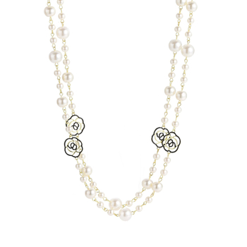 Μακρύ κολιέ για πουλόβερ με μοτίβο λουλουδιού, αλυσίδα με χάντρες, γυάλινα ένθετα και επένδυση από κράμα με τεχνητές πέτρες