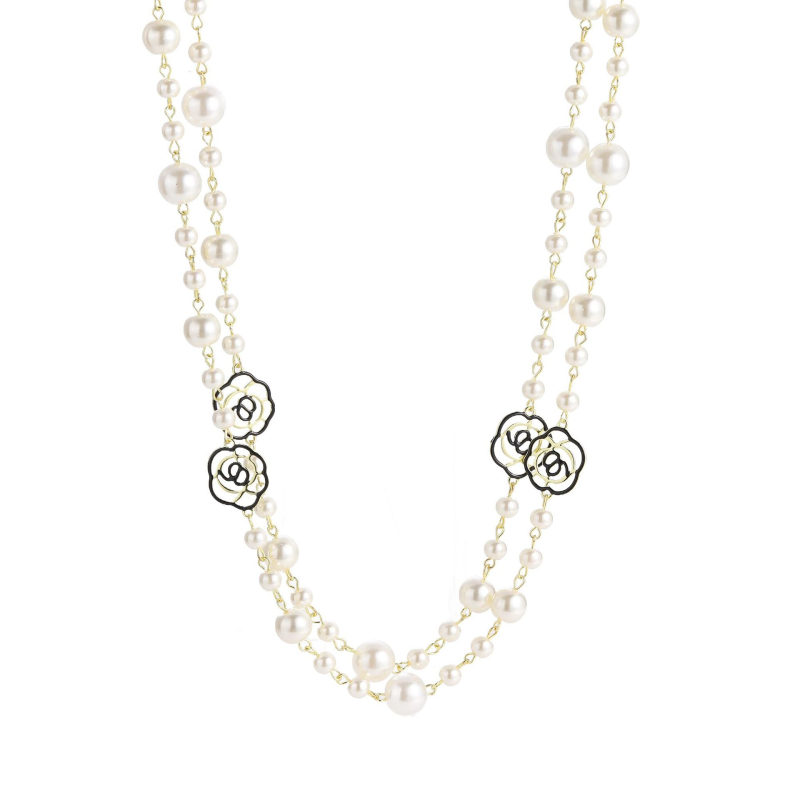 Μακρύ κολιέ για πουλόβερ με μοτίβο λουλουδιού, αλυσίδα με χάντρες, γυάλινα ένθετα και επένδυση από κράμα με τεχνητές πέτρες