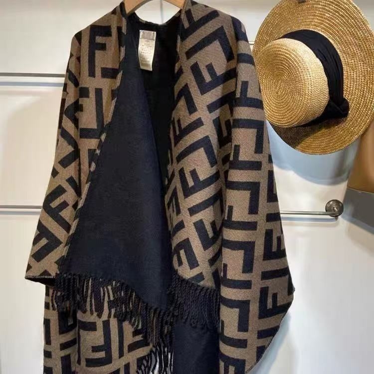 Kétoldalas gyapjú-kasmír köpeny nőknek betűkkel, geometriai mintával, meleg