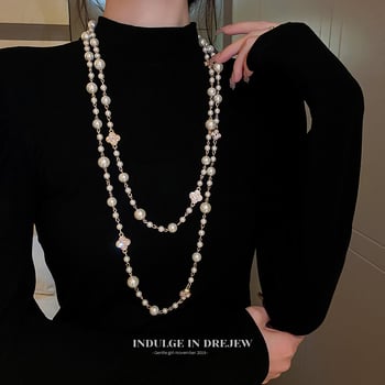 Корейски стил дълго колие със свитер верига за пуловер — висулка във форма на цвете, plaid шарка, сплавна висулка, змийска верига