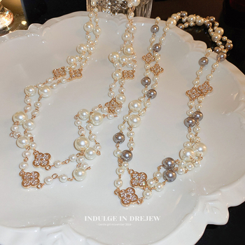 Корейски стил дълго колие със свитер верига за пуловер — висулка във форма на цвете, plaid шарка, сплавна висулка, змийска верига