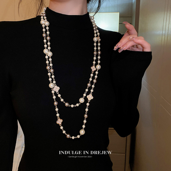 Корейски стил дълго колие със свитер верига за пуловер — висулка във форма на цвете, plaid шарка, сплавна висулка, змийска верига