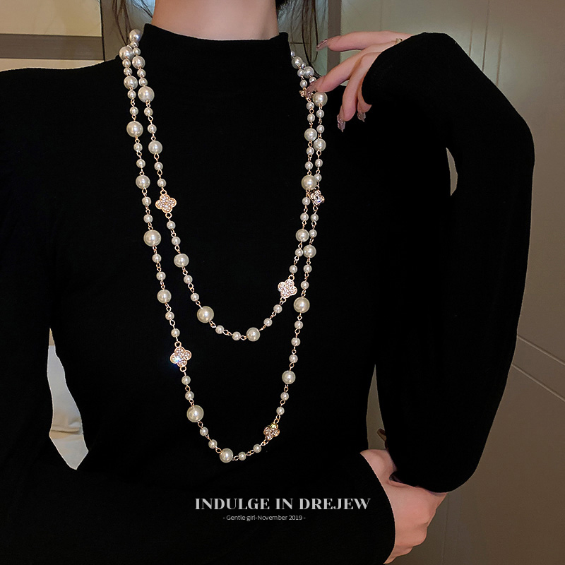 Корейски стил дълго колие със свитер верига за пуловер — висулка във форма на цвете, plaid шарка, сплавна висулка, змийска верига