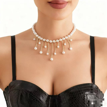 Kézzel készített gyöngyös nyaklánc hosszú bojt lánccal, INS-stílus, mesterséges gyöngyökkel, 2025 nyár
