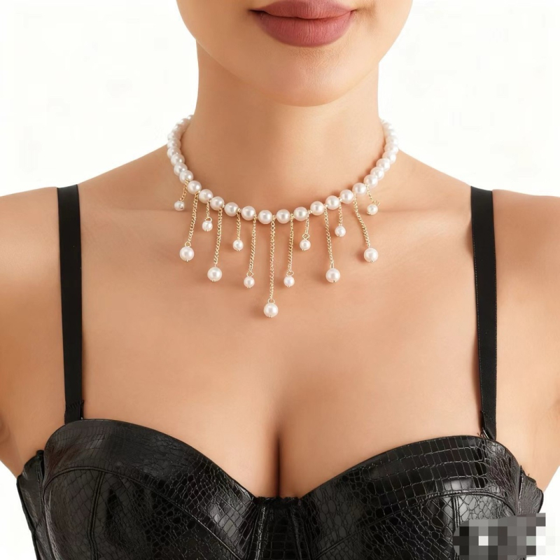 Kézzel készített gyöngyös nyaklánc hosszú bojt lánccal, INS-stílus, mesterséges gyöngyökkel, 2025 nyár