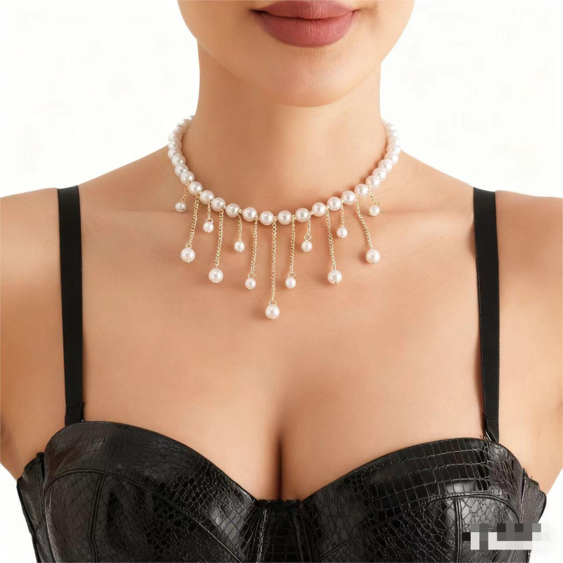 Kézzel készített gyöngyös nyaklánc hosszú bojt lánccal, INS-stílus, mesterséges gyöngyökkel, 2025 nyár