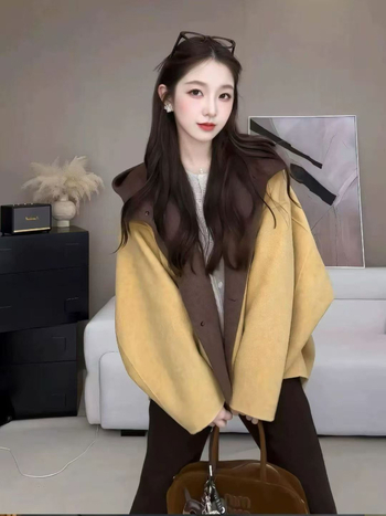 Ženski vuneni kaput s kapuljačom, labav kroj, duge rukave, jesen 2025