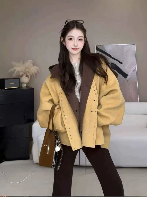 Ženski vuneni kaput s kapuljačom, labav kroj, duge rukave, jesen 2025