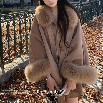 Γυναικείο παλτό από πολυεστέρα με διπλό γούνινο γιακά, κούμπωμα με κορδόνι, χαλαρή γραμμή, κανονικό μήκος 50-65 cm