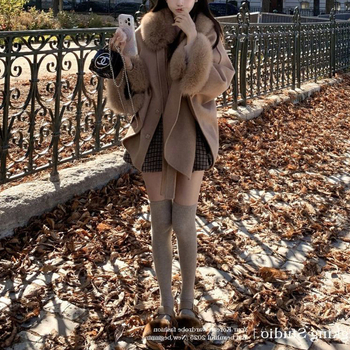 Γυναικείο παλτό από πολυεστέρα με διπλό γούνινο γιακά, κούμπωμα με κορδόνι, χαλαρή γραμμή, κανονικό μήκος 50-65 cm