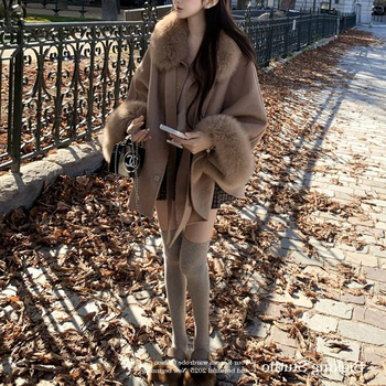 Γυναικείο παλτό από πολυεστέρα με διπλό γούνινο γιακά, κούμπωμα με κορδόνι, χαλαρή γραμμή, κανονικό μήκος 50-65 cm