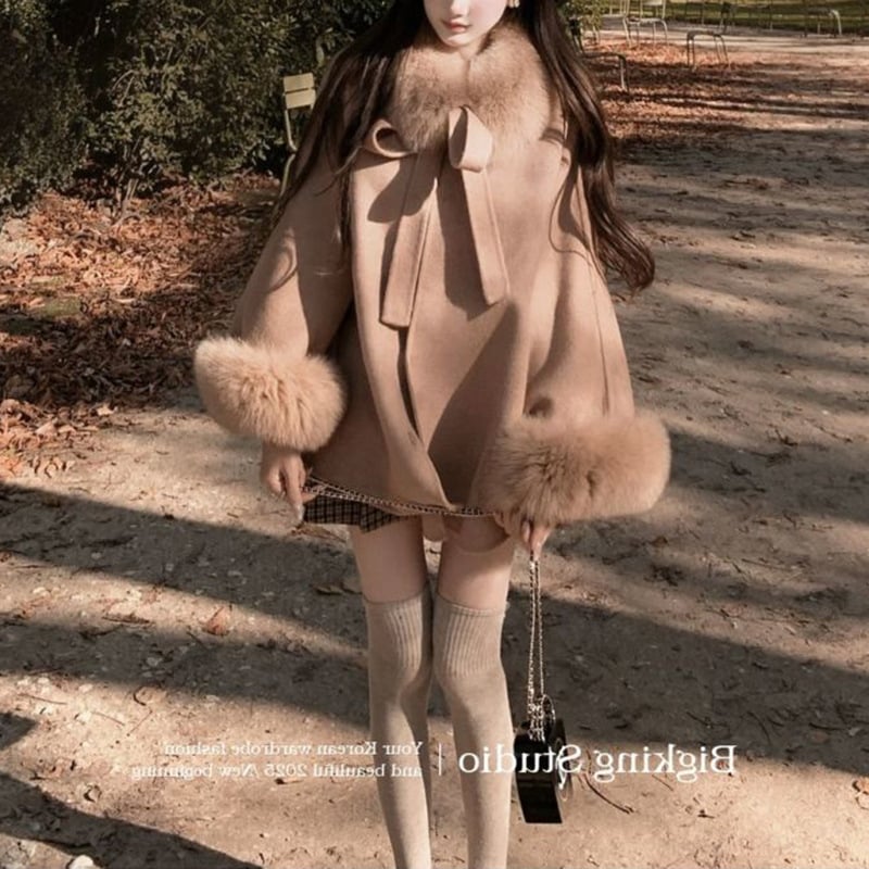 Γυναικείο παλτό από πολυεστέρα με διπλό γούνινο γιακά, κούμπωμα με κορδόνι, χαλαρή γραμμή, κανονικό μήκος 50-65 cm