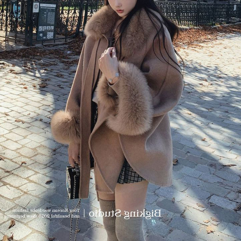 Γυναικείο παλτό από πολυεστέρα με διπλό γούνινο γιακά, κούμπωμα με κορδόνι, χαλαρή γραμμή, κανονικό μήκος 50-65 cm