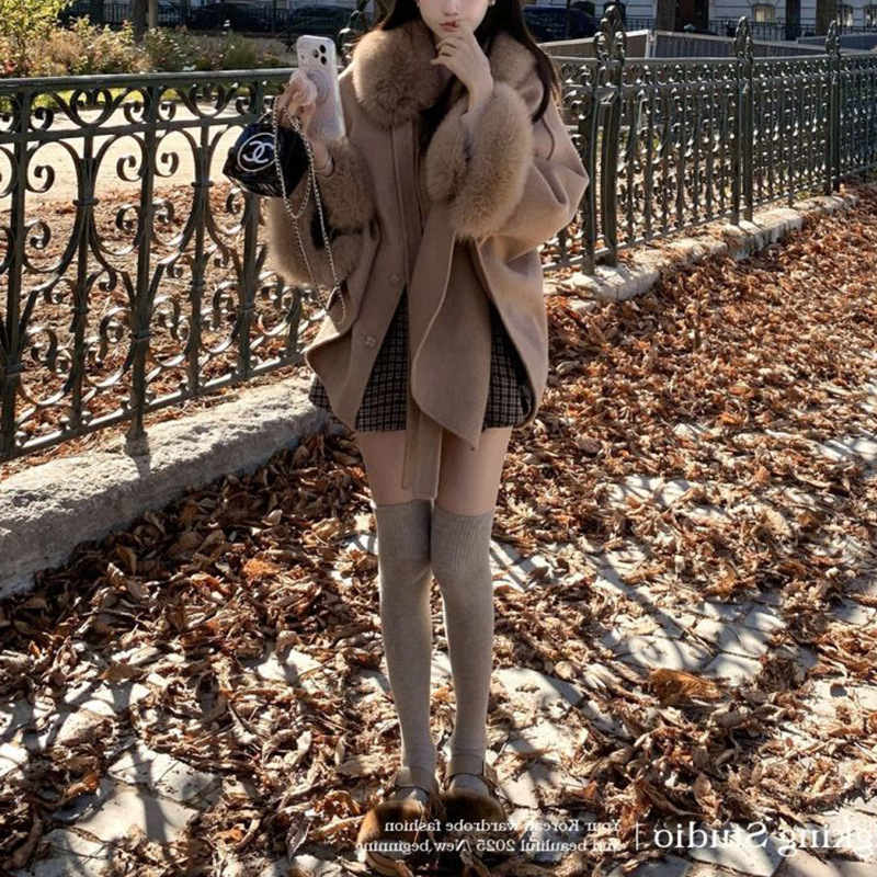 Γυναικείο παλτό από πολυεστέρα με διπλό γούνινο γιακά, κούμπωμα με κορδόνι, χαλαρή γραμμή, κανονικό μήκος 50-65 cm