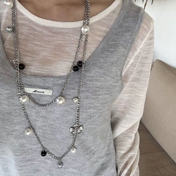 Colier lung cu perle pentru femei, detalii florale, design multistrat, pandantiv din aliaj, electroplacare, lanț regulat