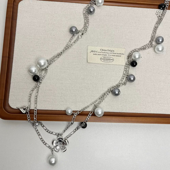 Colier lung cu perle pentru femei, detalii florale, design multistrat, pandantiv din aliaj, electroplacare, lanț regulat