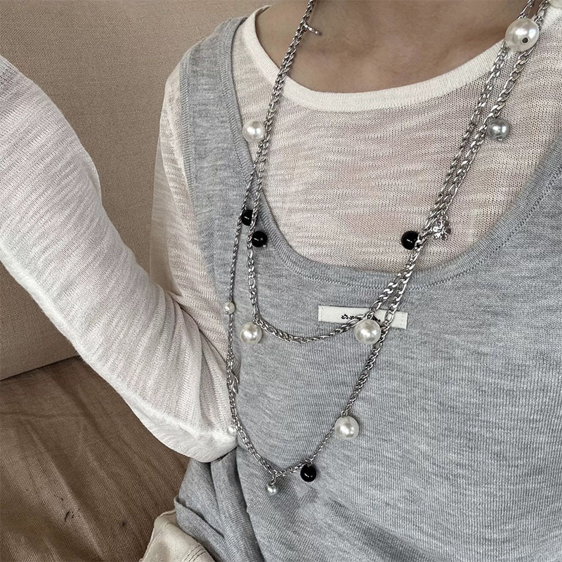 Colier lung cu perle pentru femei, detalii florale, design multistrat, pandantiv din aliaj, electroplacare, lanț regulat