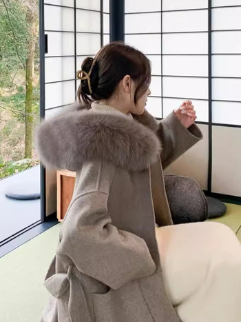 Palton din lână pentru femei, cu glugă și guler din blană de vulpe, cu două fețe, lungime extinsă