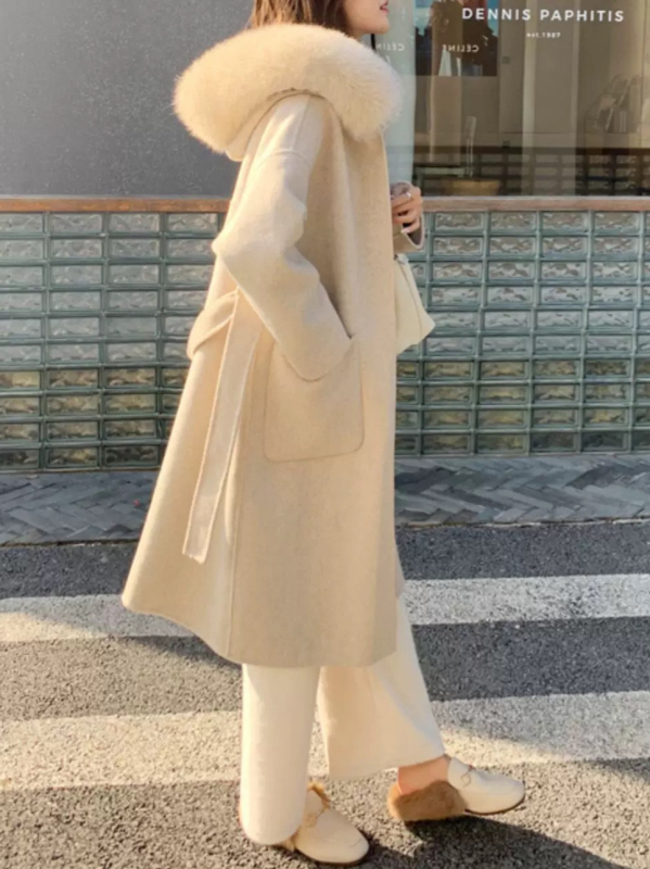 Palton din lână pentru femei, cu glugă și guler din blană de vulpe, cu două fețe, lungime extinsă