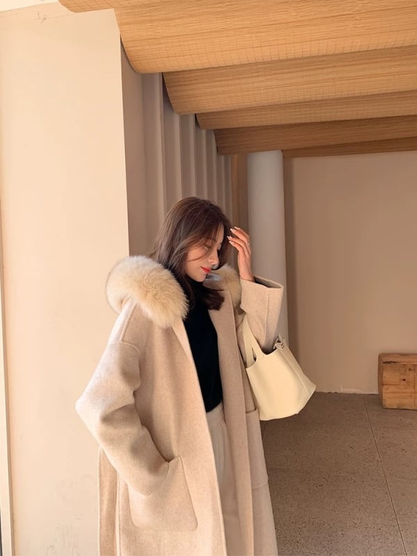 Palton din lână pentru femei, cu glugă și guler din blană de vulpe, cu două fețe, lungime extinsă