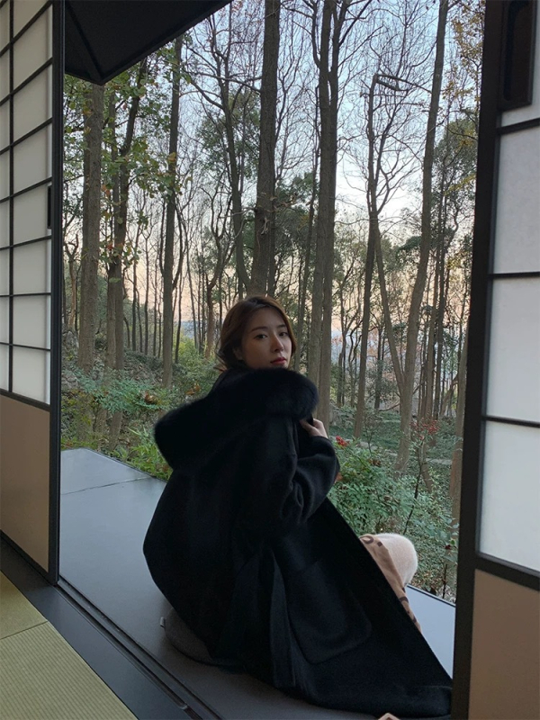 Palton din lână pentru femei, cu glugă și guler din blană de vulpe, cu două fețe, lungime extinsă